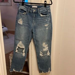 Flying Monkey size 27 mid/ high rise ripped jeans with small flare at bottom